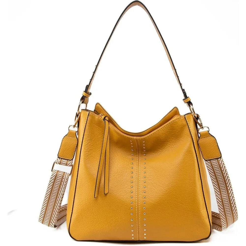 Women's Yellow Top Wide Handle Elegant Stylish Satchel Bucket Shoulder Hobo Bag